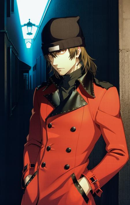 53126-1889032466-highres, detailed, soft lighting, outdoors, dark alleyway, solo, red trenchcoat, hands in pockets, beanie, shinjiro aragaki [per.png